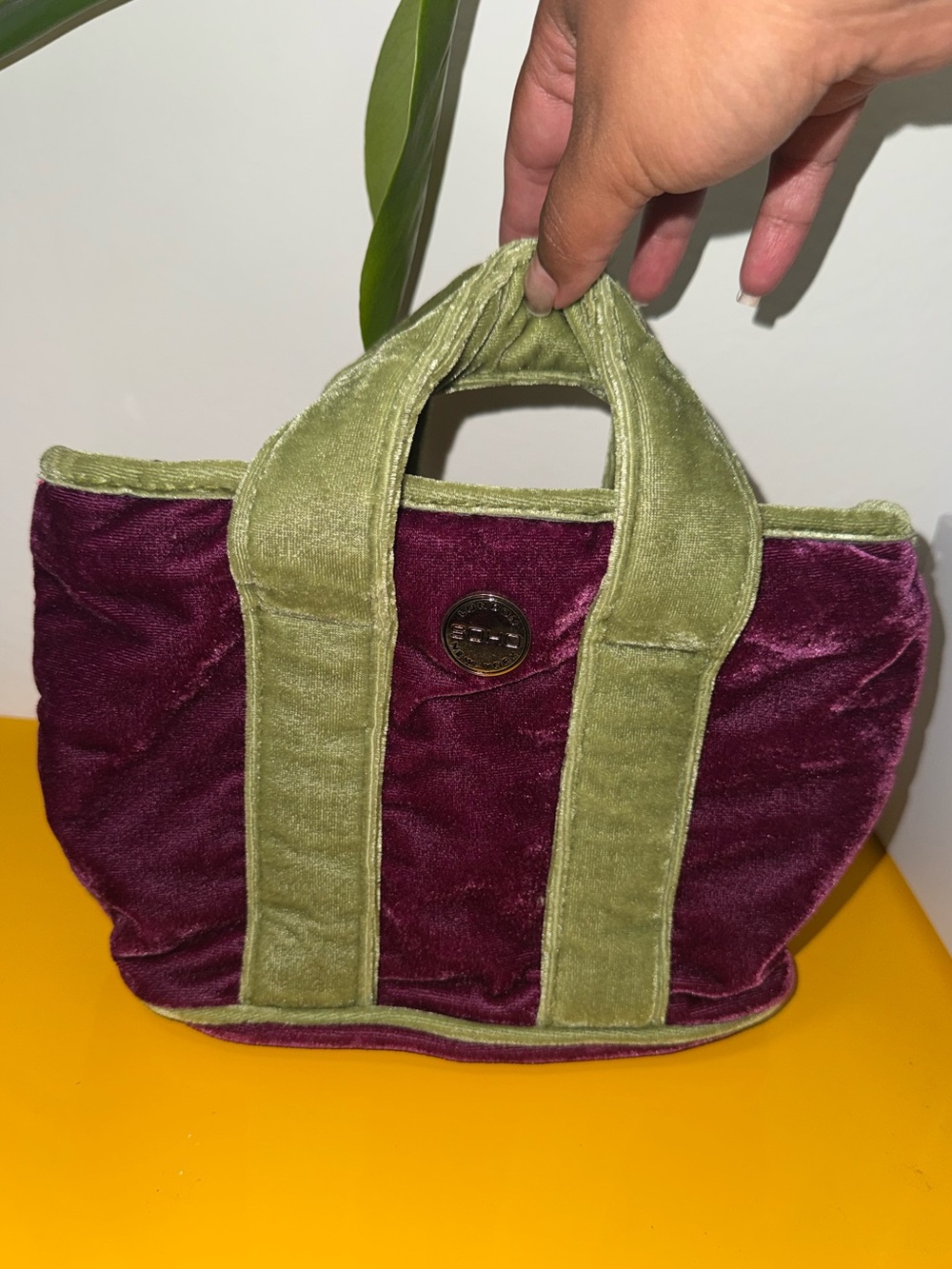 Soho Velvet Tote in Plum and Olive